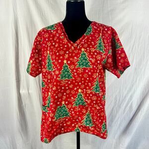 Vintage UA Scrubs Top Christmas Trees Unisex Medium Pockets Nursing Medical